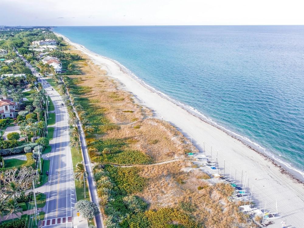 Aerial view of Delray Beach: the beach, the dunes and State Road A1A